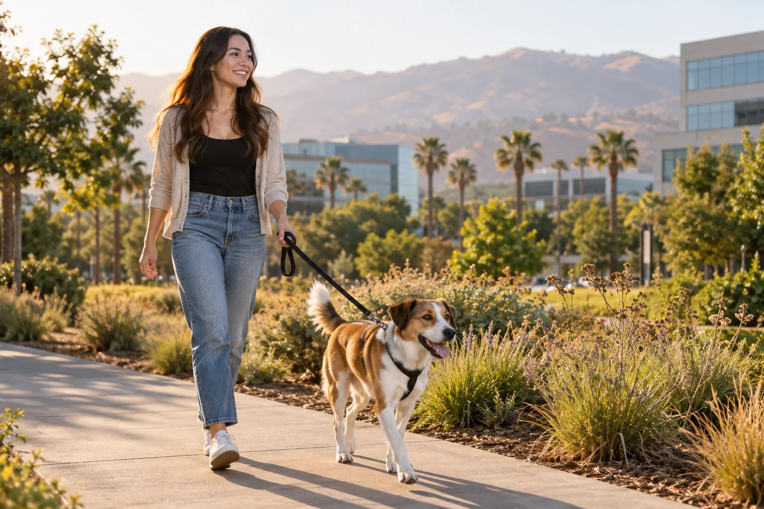Owner walking beside a dog on a landscaped outdoor path